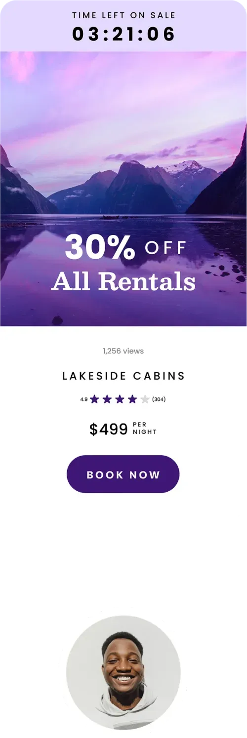 Lakeside cabins rental ad with a 30% off sale countdown set against a purple-hued mountain lake at sunset, showing a 4.9-star rating and $499 per night price.