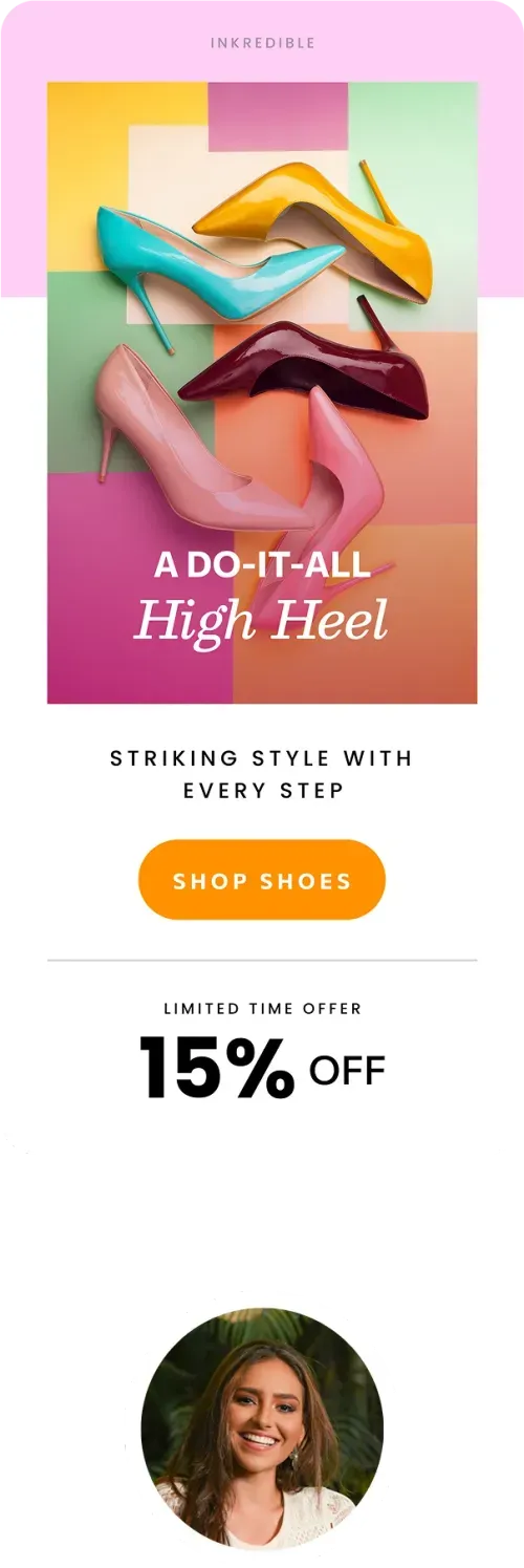 Four colorful patent leather high heels in yellow, turquoise, burgundy, and pink arranged on a geometric pastel background with text promoting a 15% off shoe sale.