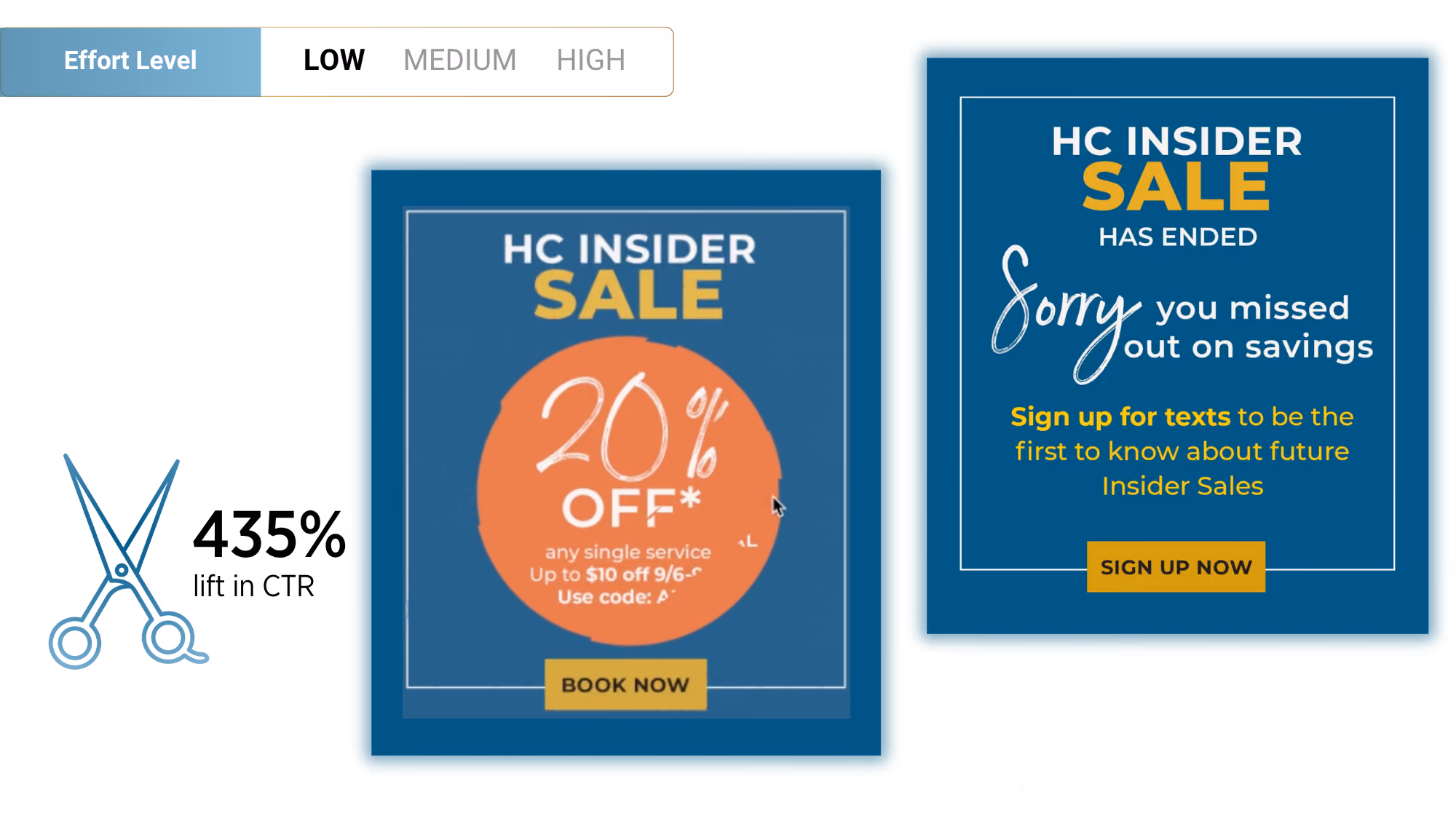 Two blue promotional cards for HC Insider Sale, one offering 20% off any single service with a book now button, the other stating the sale has ended and inviting users to sign up for texts to know about future sales.