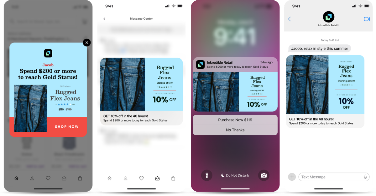 Five smartphone screens displaying promotional messages for rugged flex jeans with a 10% discount when spending $200 or more to reach Gold Status.