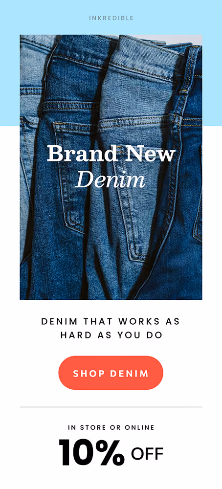 Close-up of folded denim jeans in different shades of blue stacked together.
