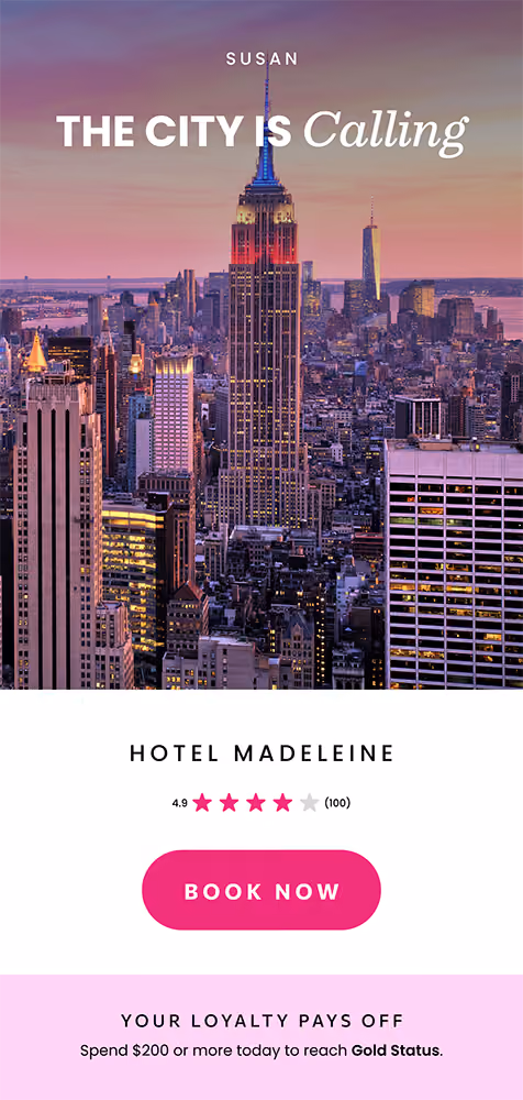 Sunset view of New York City skyline with Empire State Building lit up in blue and pink, advertising Hotel Madeleine with a 4.9-star rating and a pink Book Now button.