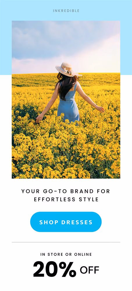 Woman in a blue dress and straw hat walking through a field of yellow flowers under a cloudy sky.