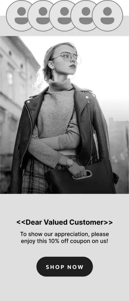 Stylish young woman in glasses, leather jacket, and plaid pants holding a large handbag with a 10% off coupon offer and shop now button.