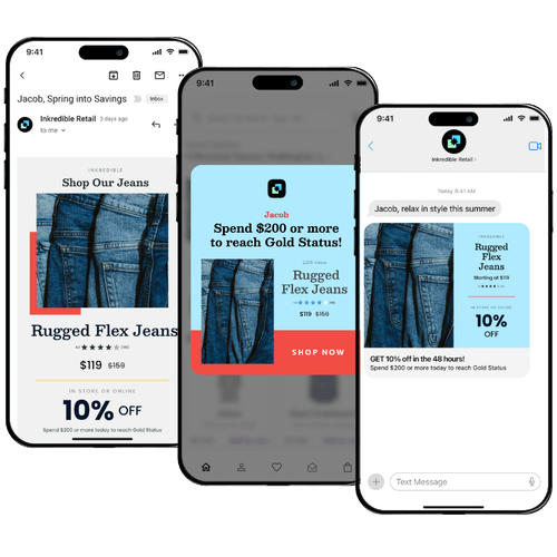 Three smartphones displaying promotional content for 'Rugged Flex Jeans' from Inkredible Retail offering $119 price, 10% off, and a prompt to spend $200 to reach Gold Status.