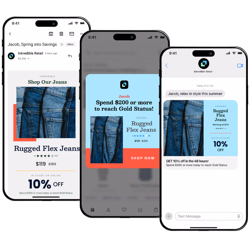 Three smartphones displaying promotional content for 'Rugged Flex Jeans' from Inkredible Retail offering $119 price, 10% off, and a prompt to spend $200 to reach Gold Status.