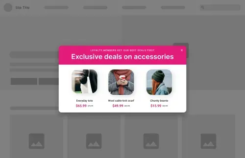 Popup with exclusive accessory deals showing images and discounted prices for everyday tote, wool cable-knit scarf, and chunky beanie.