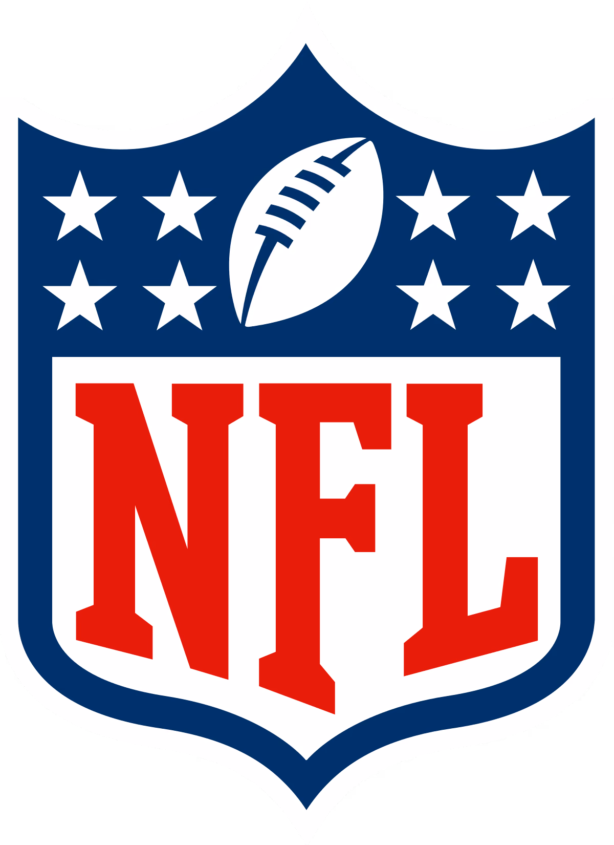 NFL shield logo with a football and eight stars above the red letters 'NFL' on a blue and white shield background.