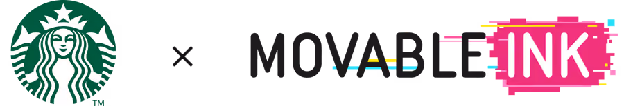 Starbucks logo next to the text 'MOVABLE INK' with 'INK' highlighted in a pink paint stroke.