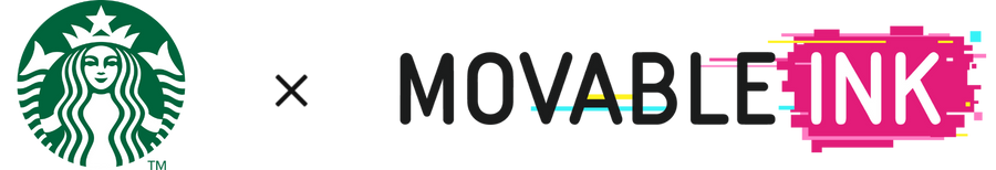 Starbucks logo next to the text 'MOVABLE INK' with 'INK' highlighted in a pink paint stroke.
