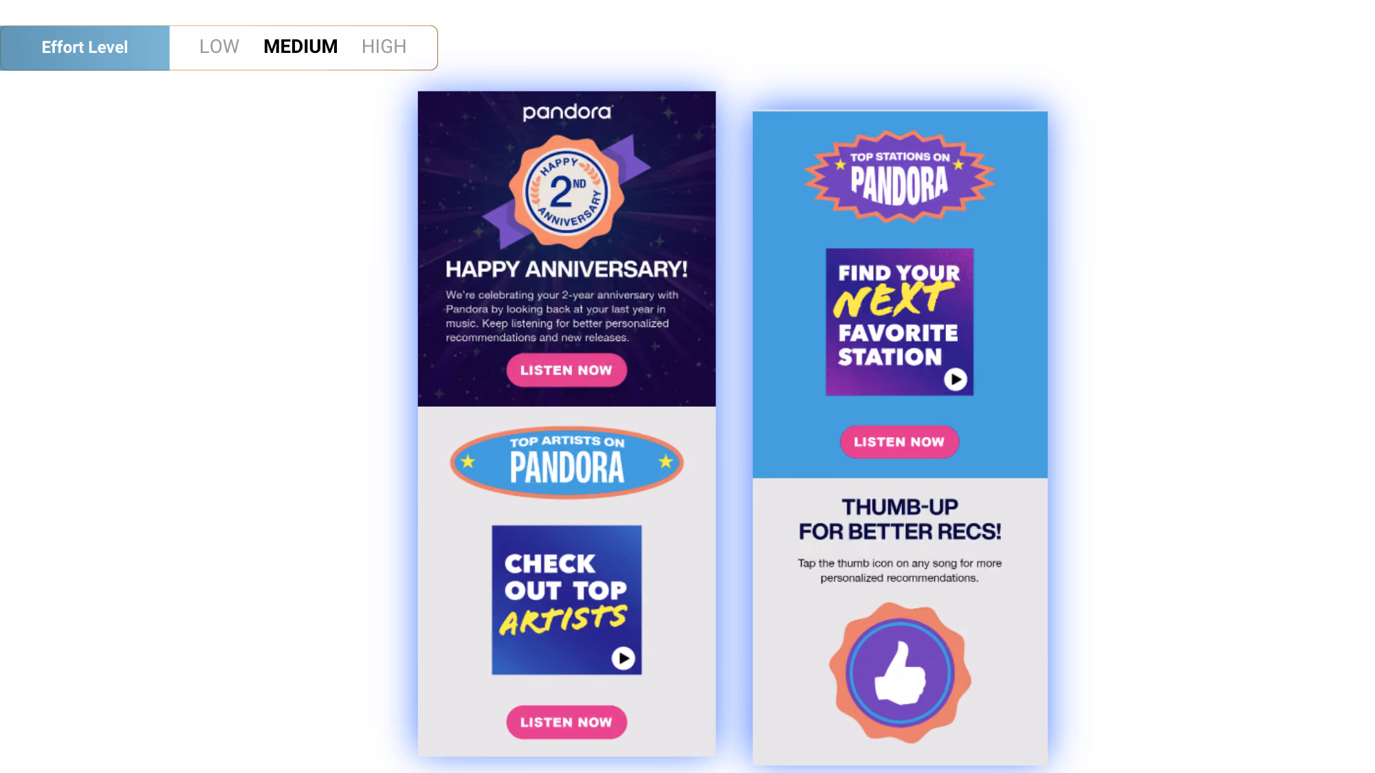 Pandora 2nd anniversary celebration with options to listen to top artists and top stations, and a thumbs-up icon for better personalized recommendations.