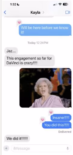 Text message conversation with Kayla discussing an engagement with a GIF of an excited elderly woman.