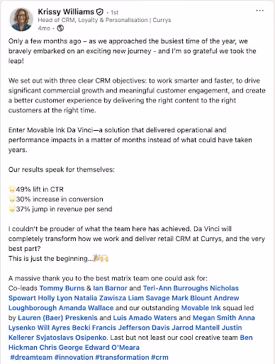 LinkedIn post by Krissy Williams, Head of CRM, Loyalty & Personalisation at Currys, sharing a success story about implementing Movable Ink Da Vinci, highlighting a 49% lift in CTR, 30% increase in conversion, and 37% jump in revenue per send.