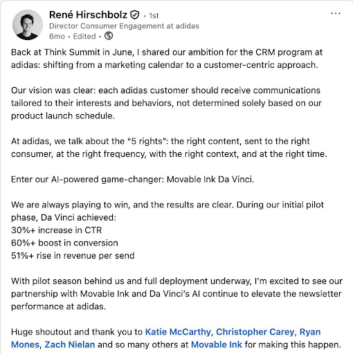 LinkedIn post by René Hirschbolz, Director Consumer Engagement at adidas, sharing details about adidas's CRM program shift to customer-centric communications and success with Movable Ink Da Vinci AI.