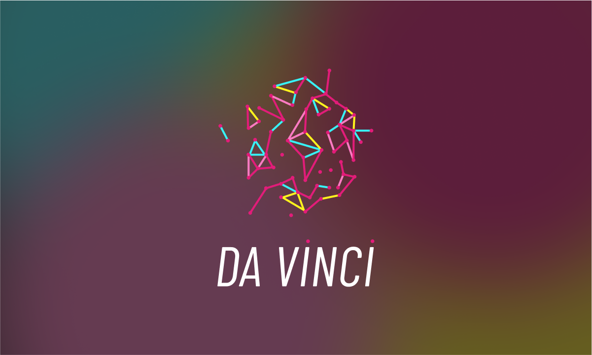 Abstract geometric network of pink, yellow, and blue lines and dots above the text 'DA VINCI' on a multicolored blurred background.