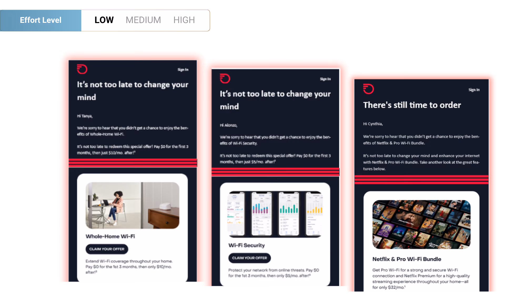 Three digital offers for low effort level Wi-Fi services: Whole-Home Wi-Fi with a woman using a laptop, Wi-Fi Security showing phone screens with graphs, and Netflix & Pro Wi-Fi Bundle featuring streaming thumbnails.