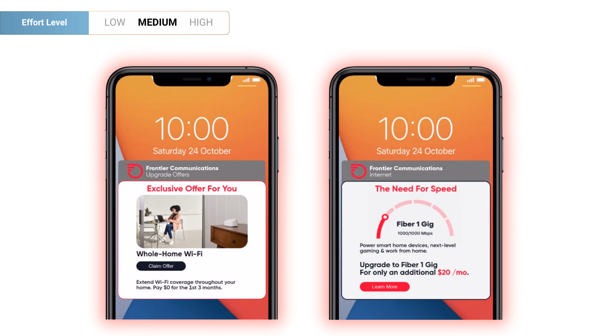 Two smartphones showing Frontier Communications promotional notifications about Wi-Fi upgrade offer and Fiber 1 Gig internet speed upgrade.