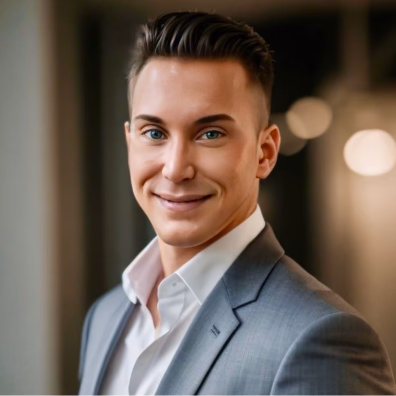 Smiling young man with slicked-back hair wearing a light gray suit and white shirt in a softly lit indoor setting.