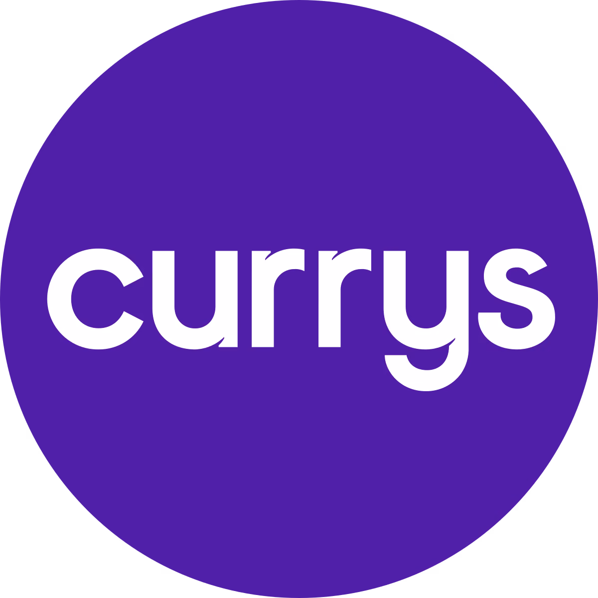 Currys logo with white lowercase text inside a purple circle.