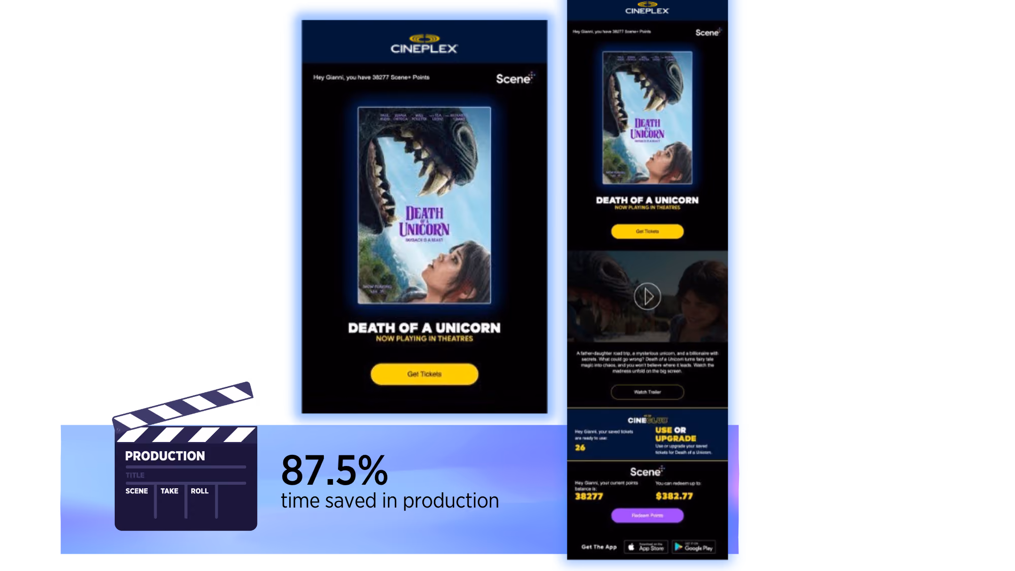 Cineplex promotional screens showing the movie Death of a Unicorn with ticket purchase options and a claim of 87.5% time saved in production.