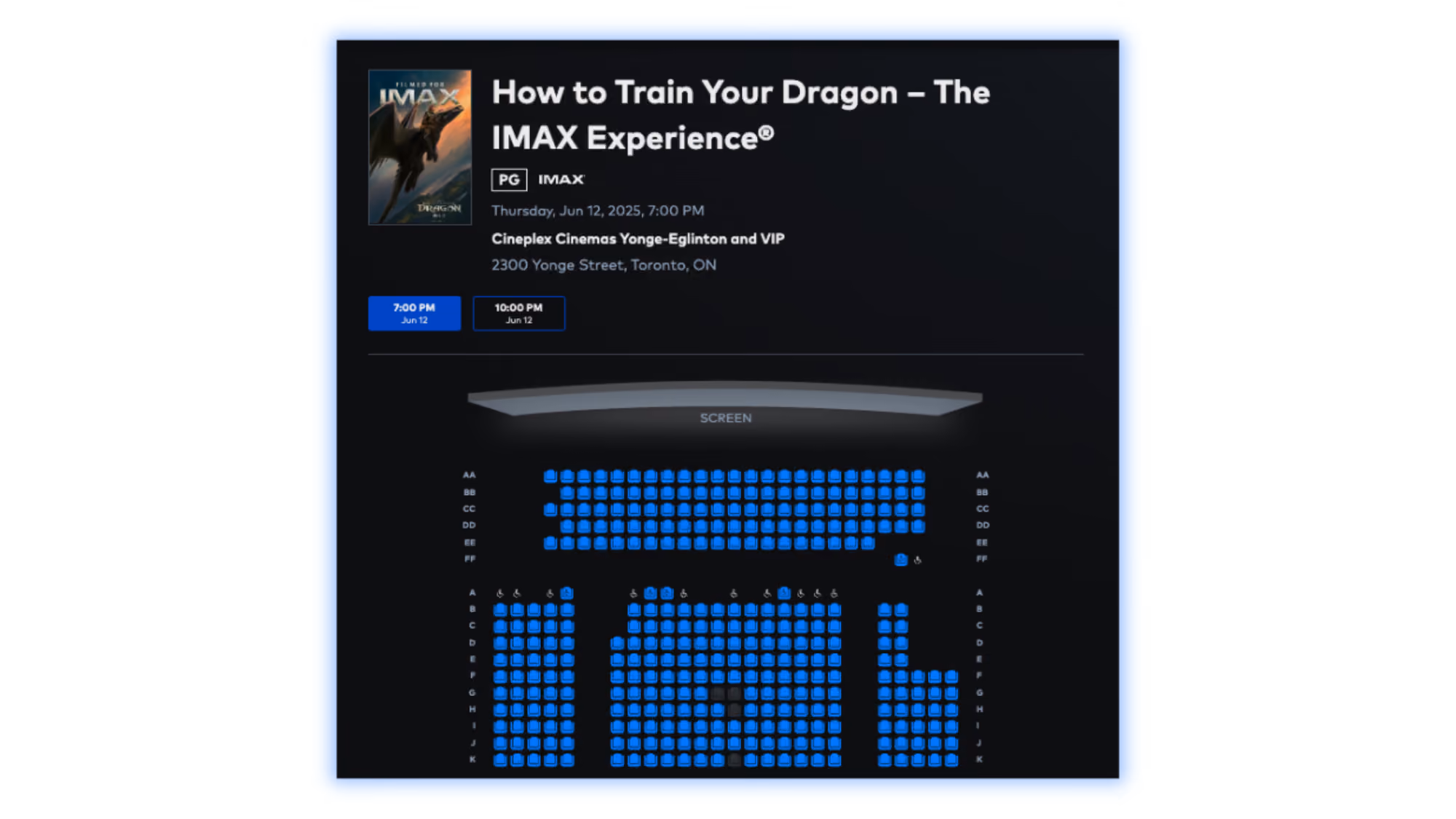IMAX movie ticket selection for How to Train Your Dragon at Cineplex Yonge-Eglinton, showing seat map with mostly blue seats available for the 7:00 PM screening on June 12, 2025.