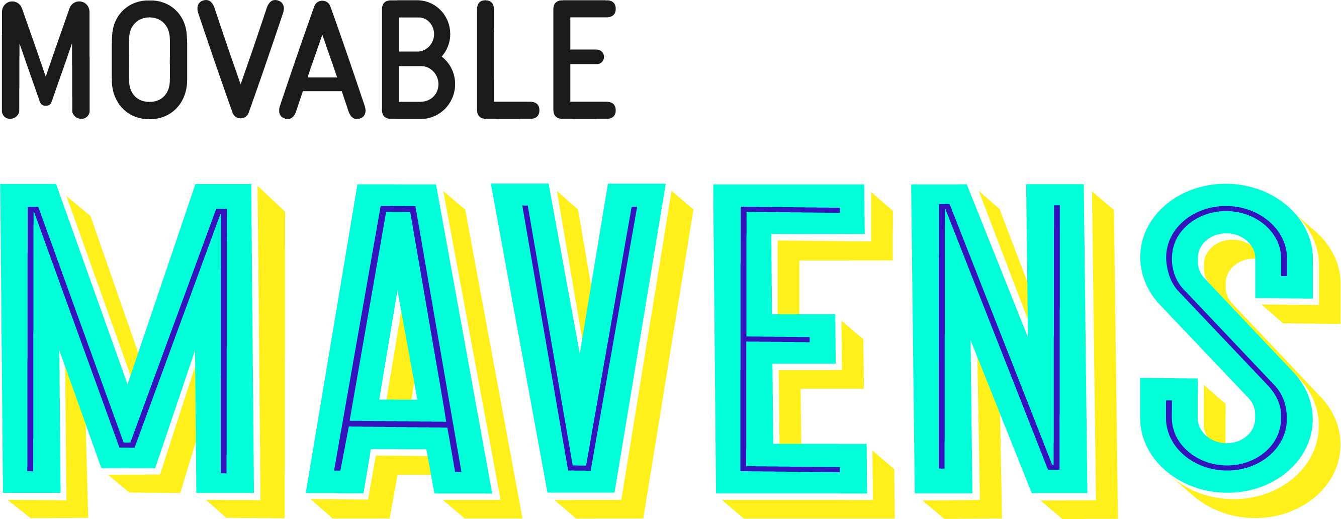Text reading 'MOVABLE MAVENS' with 'MOVABLE' in black and 'MAVENS' in large, bright blue letters with yellow shadows.