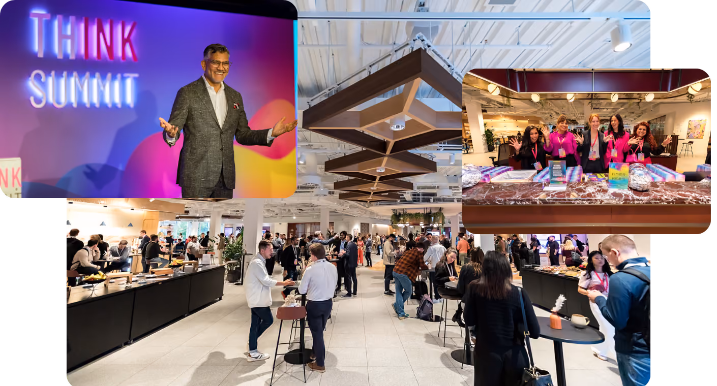 Collage of photos from a professional event showing a speaker on stage with 'Think Summit' signage, a busy networking area, and a group of smiling staff behind a welcome desk.