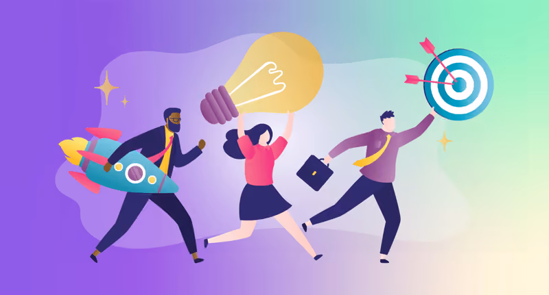 Three people symbolizing innovation and success: one holding a rocket, one lifting a large light bulb, and one reaching a target with darts.