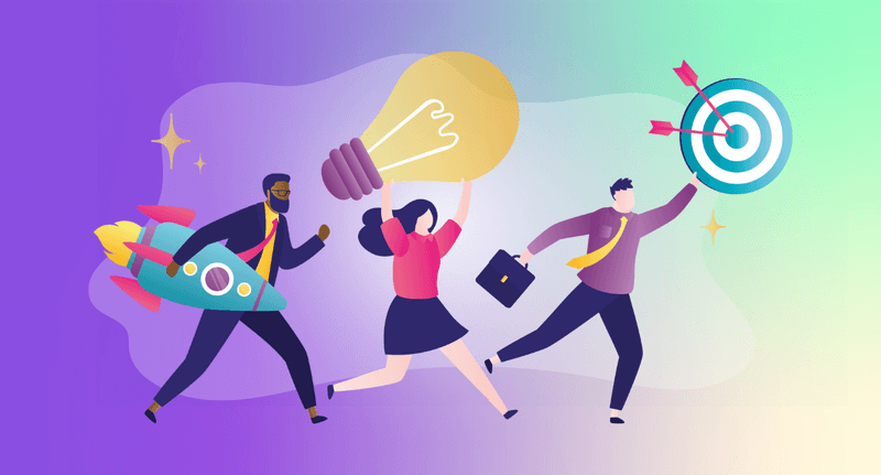 Three people symbolizing innovation and success: one holding a rocket, one lifting a large light bulb, and one reaching a target with darts.