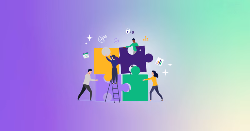 Illustration of four people collaboratively assembling large colorful puzzle pieces with icons representing data, security, and goals around them.