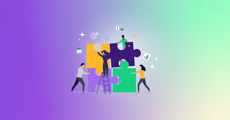 Illustration of four people collaboratively assembling large colorful puzzle pieces with icons representing data, security, and goals around them.