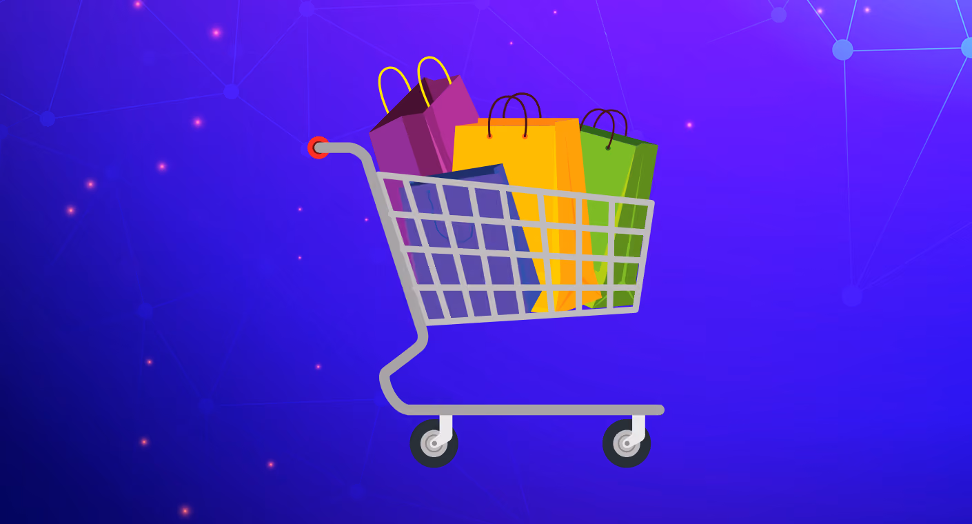 Shopping cart filled with colorful shopping bags against a blue background with connected dots and glowing points.