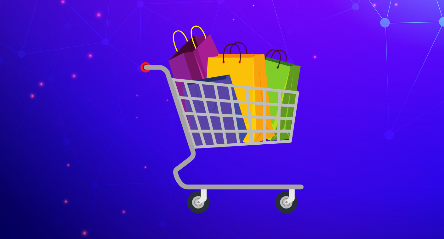 Shopping cart filled with colorful shopping bags against a blue background with connected dots and glowing points.