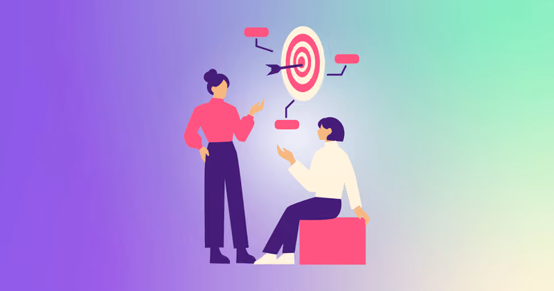 Two people discussing a dartboard with a central bullseye and connecting callouts, symbolizing goal-oriented campaign tactics.