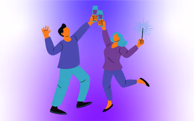 Illustrated picture of two people jumping and cheers-ing two cups.