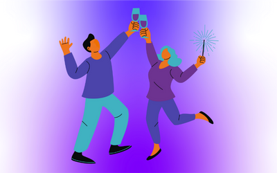 Illustrated picture of two people jumping and cheers-ing two cups.