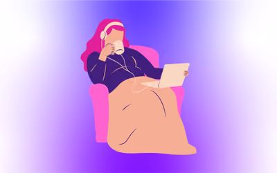 Illustrated woman sipping from a cup and reading on a sofa.
