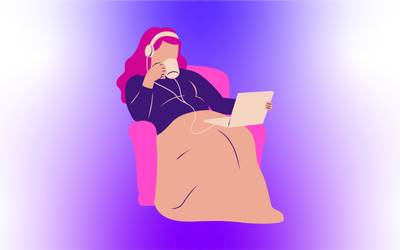 Illustrated woman sipping from a cup and reading on a sofa.
