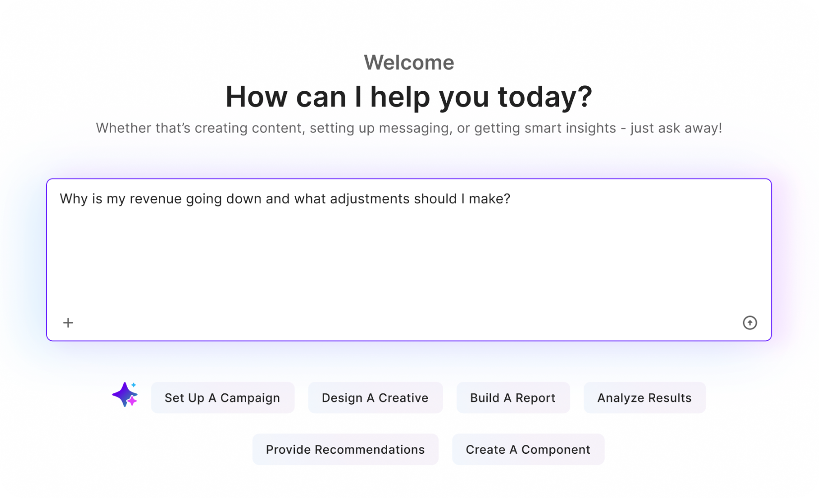 User interface with a welcome message asking, 'How can I help you today?' and a prompt encouraging questions about content creation, messaging, or insights. Below is a text input box containing the question, 'Why is my revenue going down and what adjustments should I make?' Beneath the input box are clickable options labeled Set Up A Campaign, Design A Creative, Build A Report, Analyze Results, Provide Recommendations, and Create A Component.