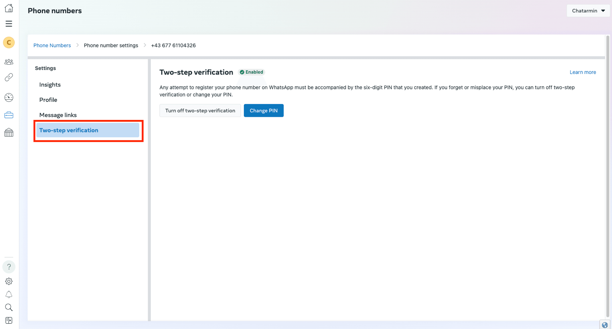 WhatsApp 2-Faktor-Authentifizierung Dashboard