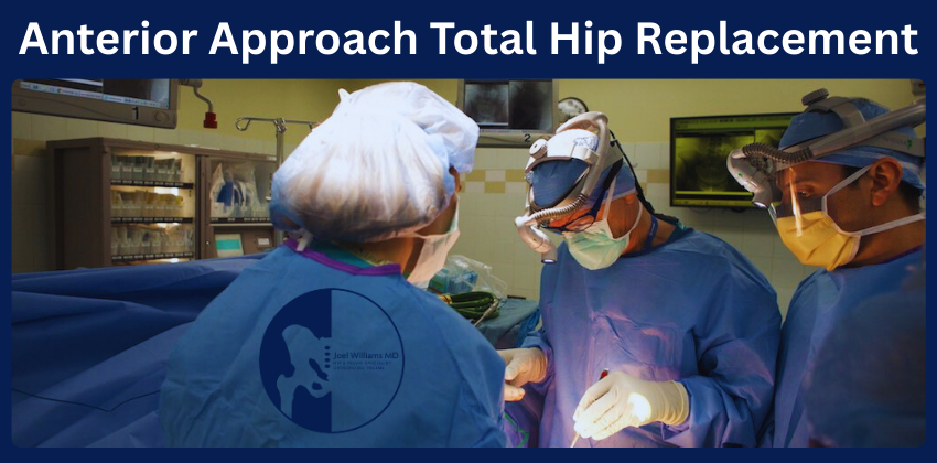 Three surgeons in blue surgical gowns and masks performing an anterior approach total hip replacement in an operating room.