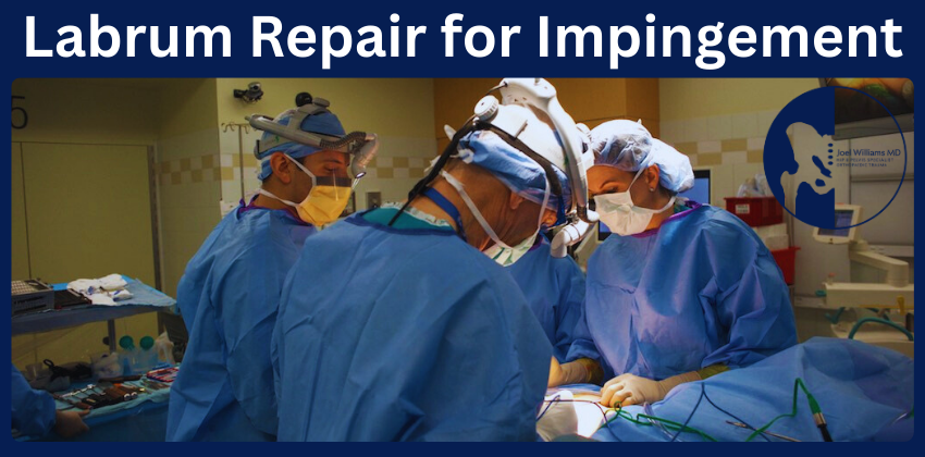 Surgeons in blue surgical gowns performing a labrum repair surgery in an operating room.