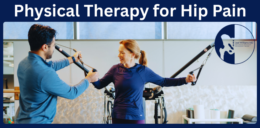Physical therapist assisting a woman with resistance band exercise for hip pain in a clinic.