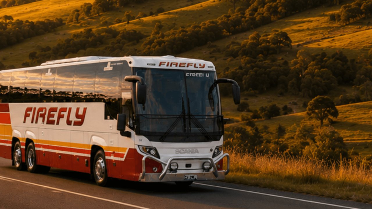 A Firefly Express coach on a country road through golden hills