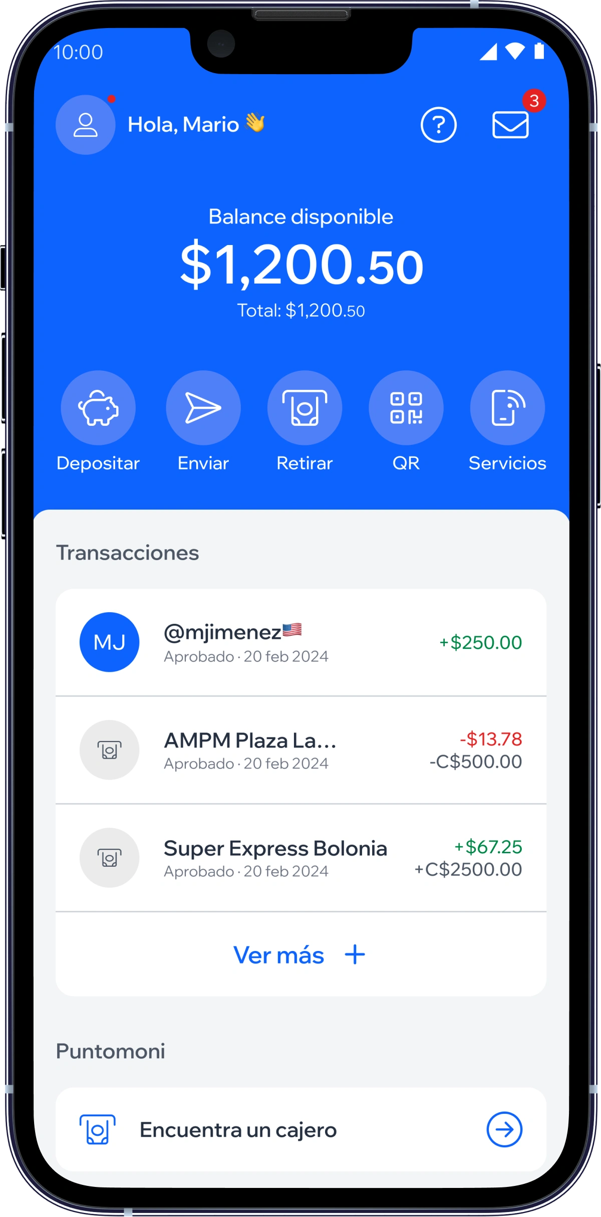 Maqueta de un teléfono móvil que muestra la cuenta Tumoni de un usuario con el saldo disponible y las transacciones recientes.