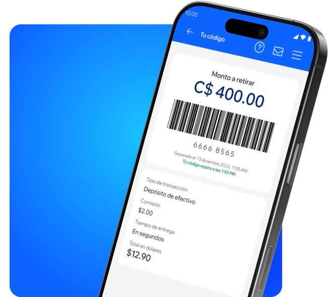 Teléfono celular mostrando un código de barras relacionado a un depósito de efectivo