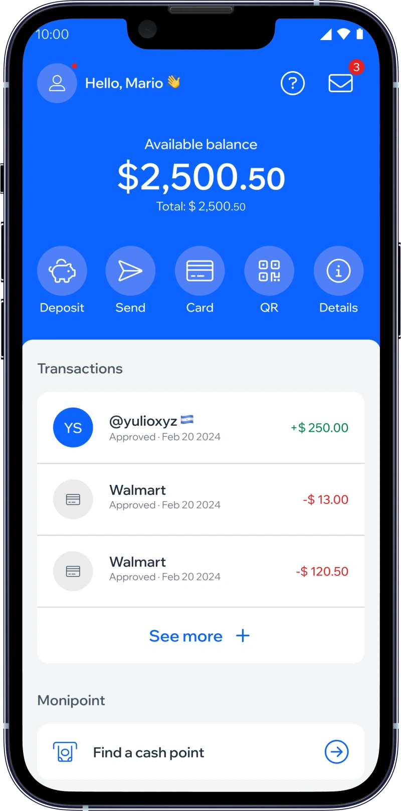 Maqueta de un teléfono móvil que muestra la cuenta Tumoni de un usuario con el saldo disponible y las transacciones recientes.