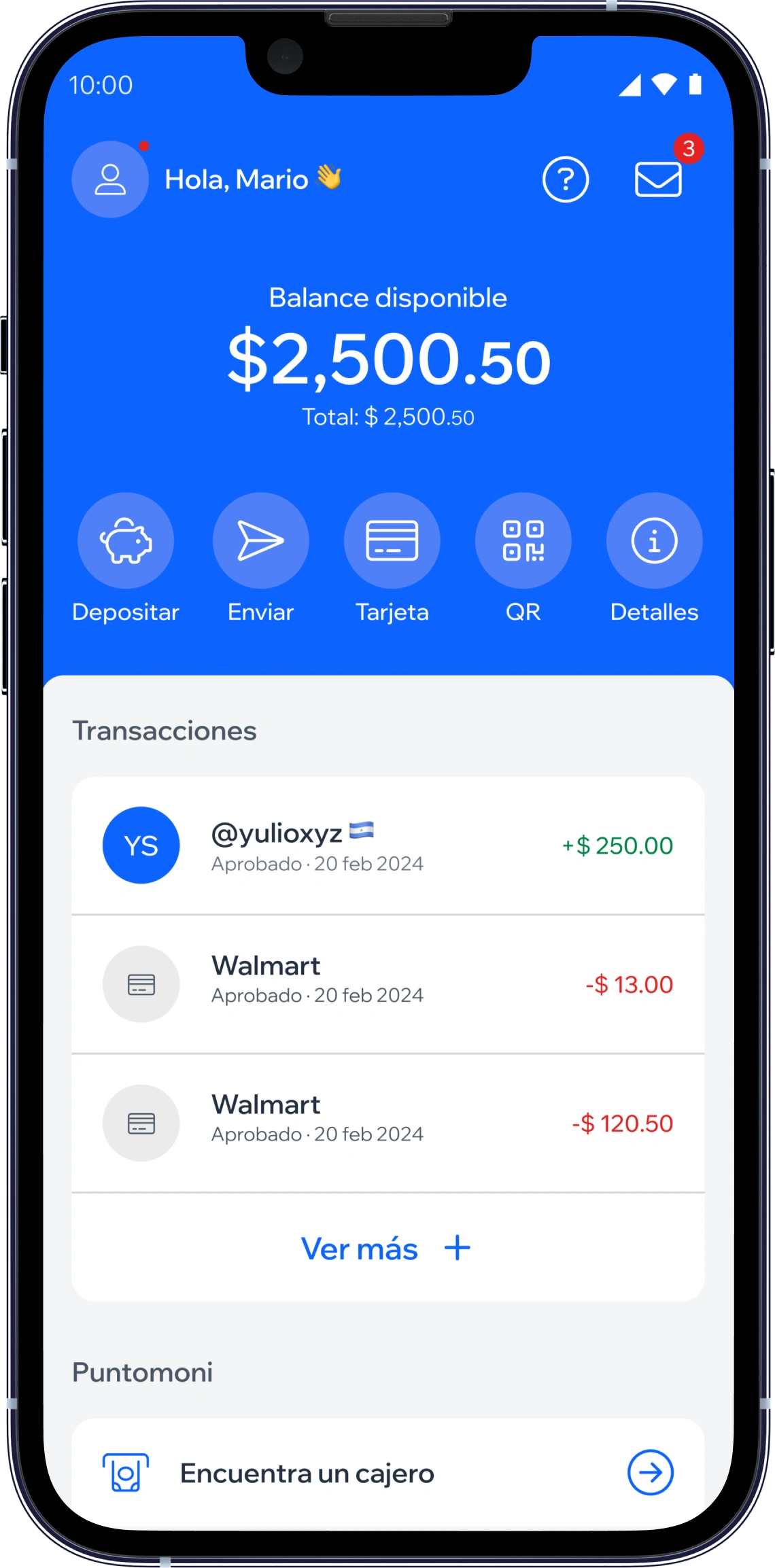 Maqueta de un teléfono móvil que muestra la cuenta Tumoni de un usuario con el saldo disponible y las transacciones recientes.