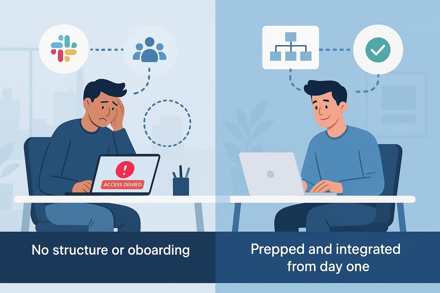 Side-by-side illustration comparing poor onboarding with “ACCESS DENIED” to effective onboarding with a happy, integrated employee.