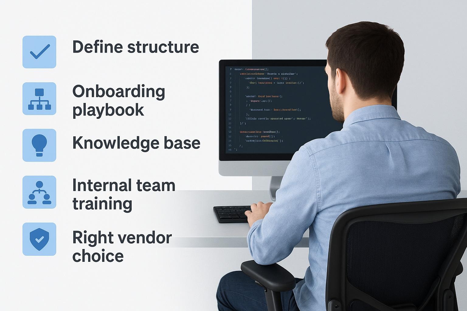 Developer at desk with five process icons highlighting structure, onboarding, knowledge base, team training, and vendor choice.